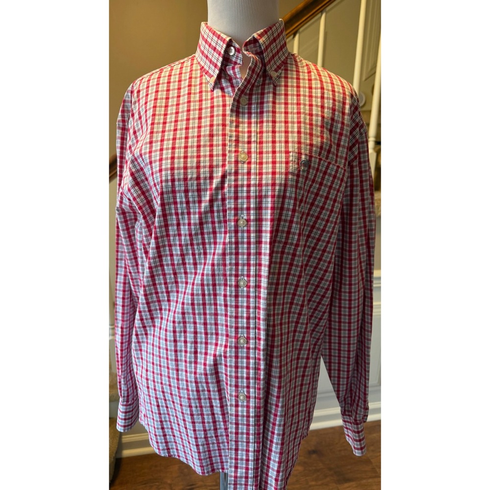 Peach State Pride Mens Small Red White Plaid Button Down Shirt Long Sleeve Logo